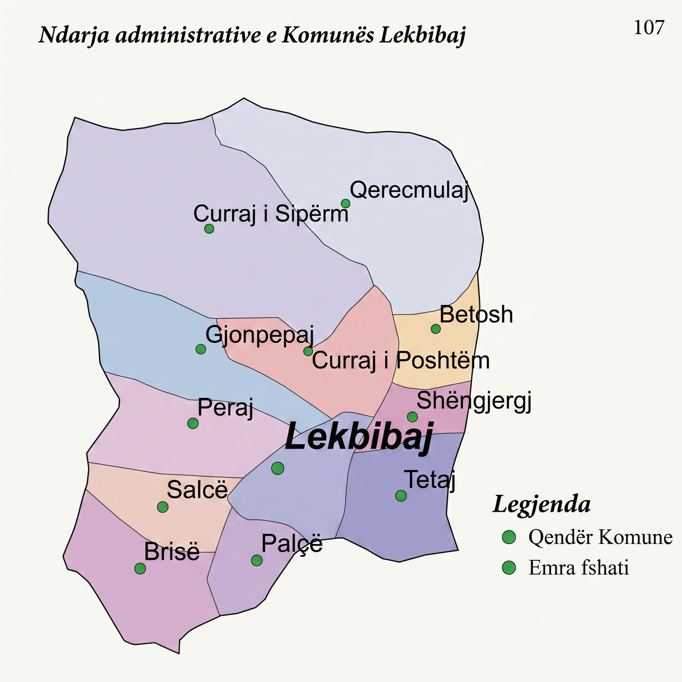 Harta e ndarjes administrative të Komunës Lekbibaj